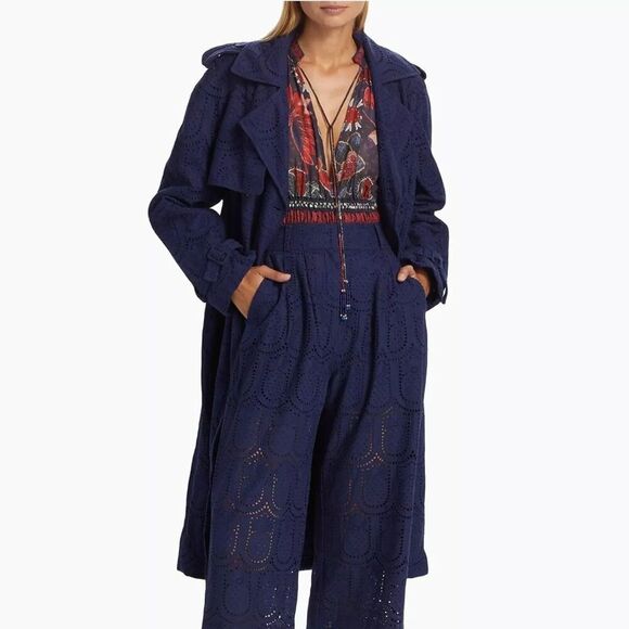 New FARM Rio Navy Blue Pineapple cotton eyelet trench coat size Medium - Picture 4 of 10